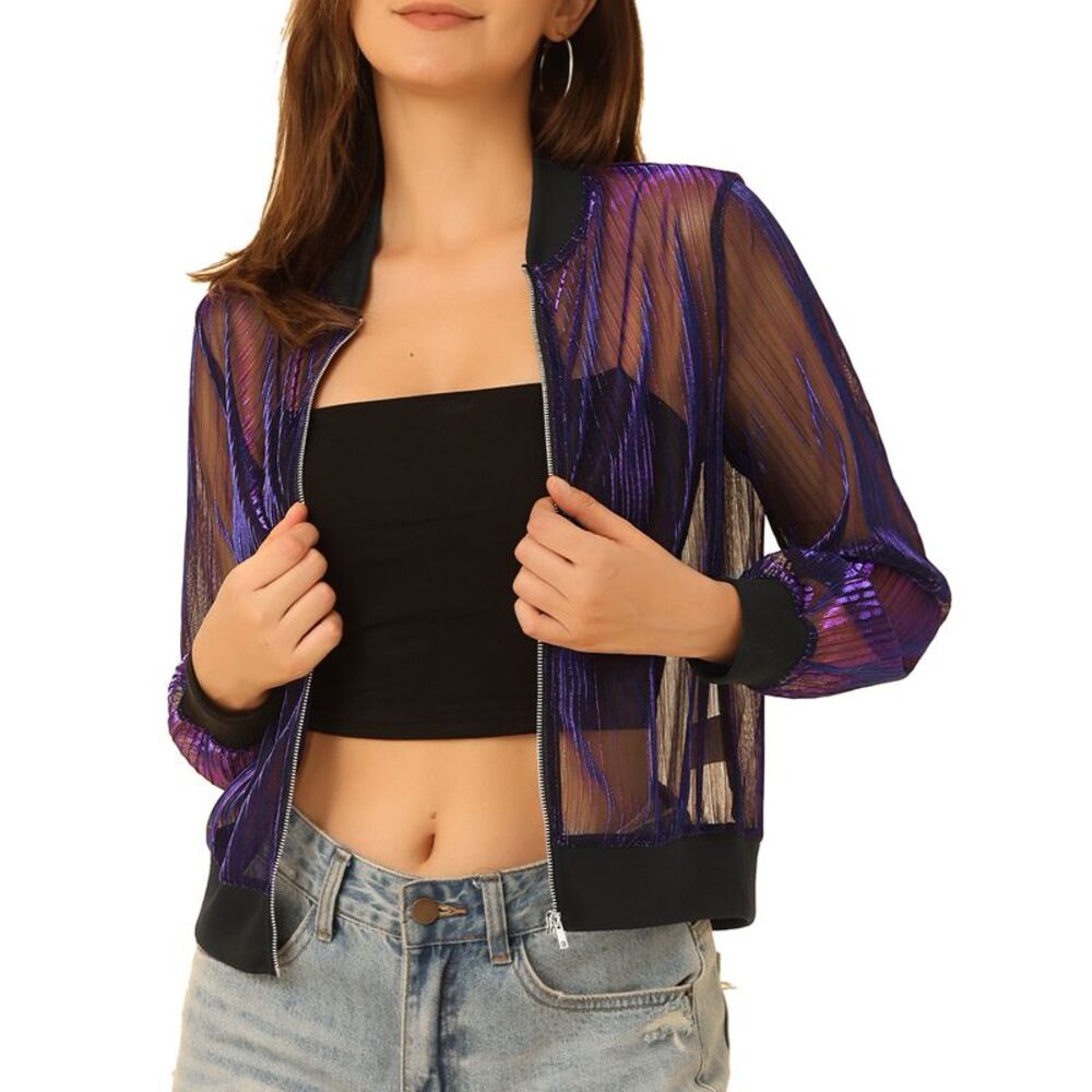 Sheer Mesh Jacket Shiny Long Sleeve See Through Zip Up Jacket Purple